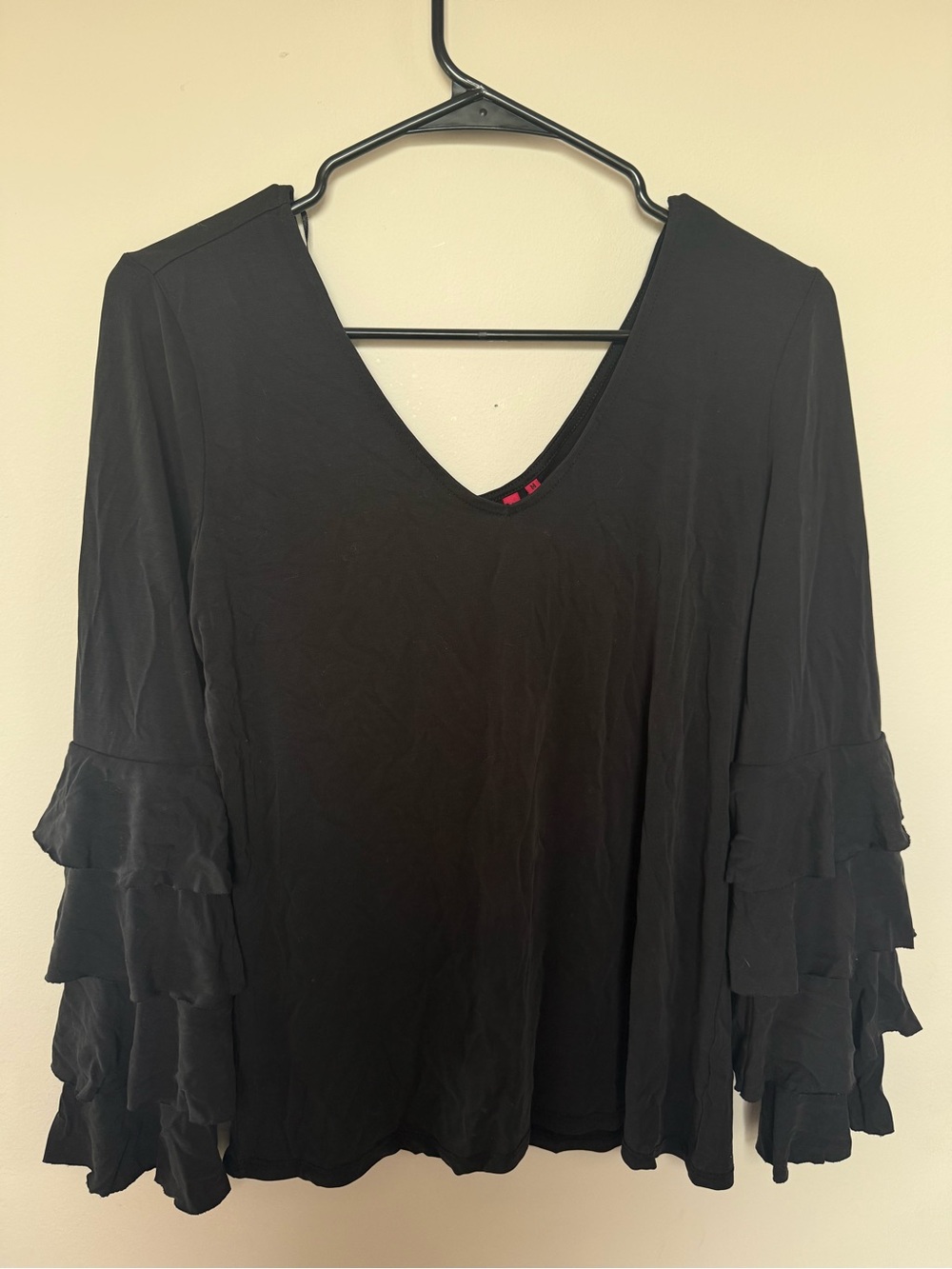 Love Scarlett Black Long Sleeve Top with Triple Tiered Ruffle Bell Sleeves Size